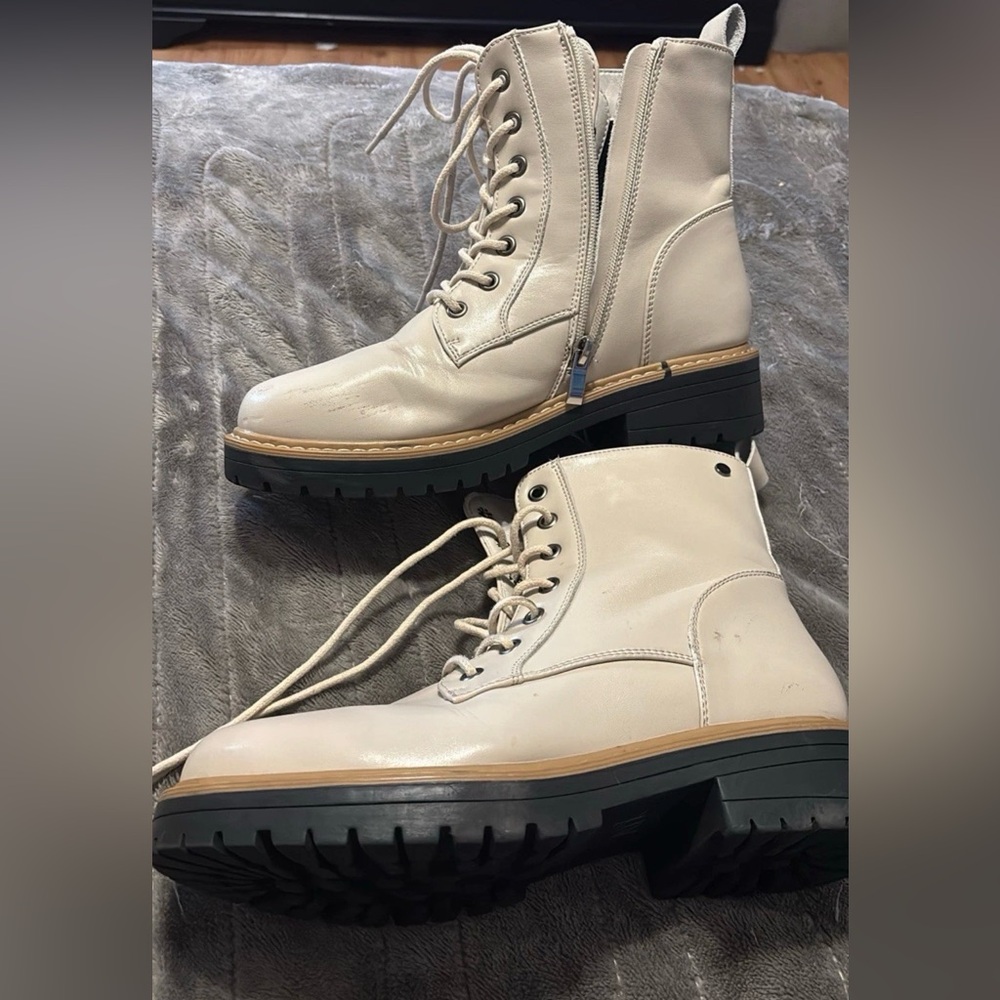 Cream Lace-Up Side-Zip Combat Boots